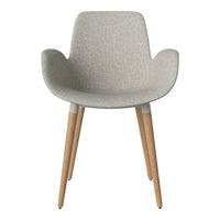 Gray upholstered chair with light wooden legs, featuring a sleek, modern design. Perfect for any contemporary space.
