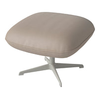 Beige leather ottoman with a smooth texture and a modern, light gray base. Perfect for stylish home decor.