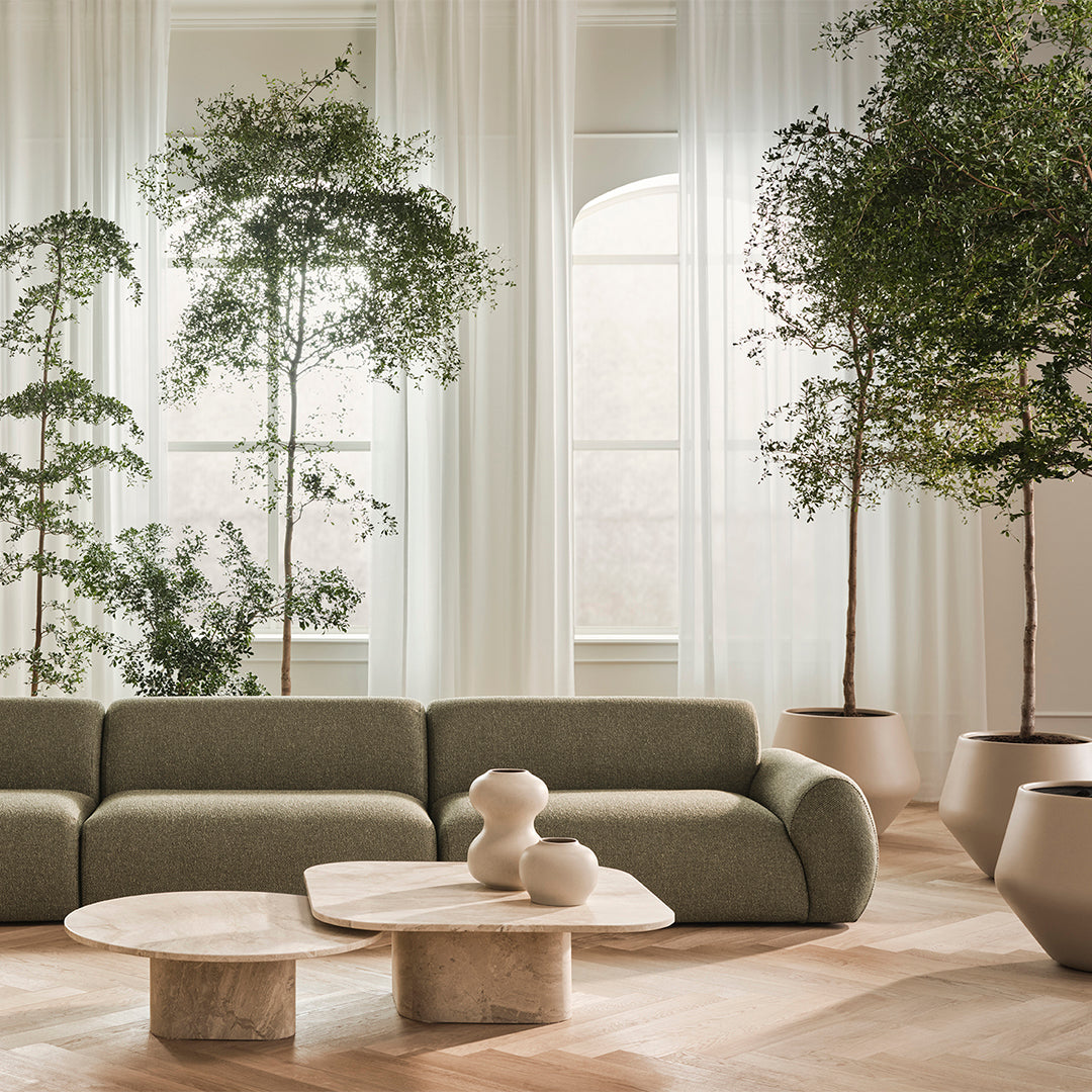 Olive green sofa, beige marble coffee table, soft white curtains, and natural greenery create a serene, modern living space.