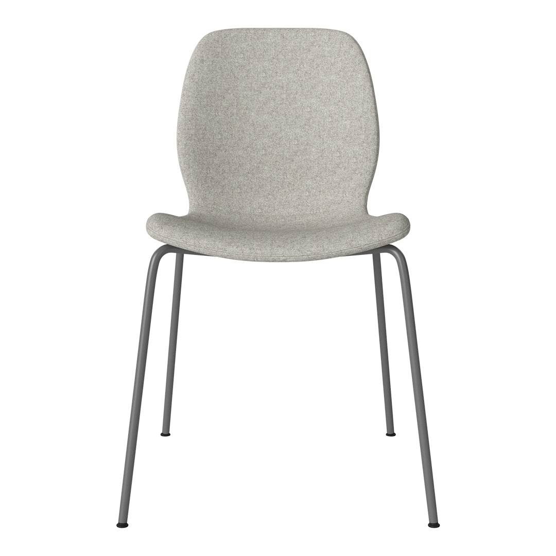 Light gray upholstered chair with a smooth texture and sleek gray metal legs, perfect for modern decor.