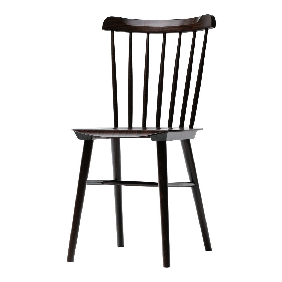 Dark brown wooden chair with a minimalist design and vertical slat backrest, featuring a smooth, polished finish.