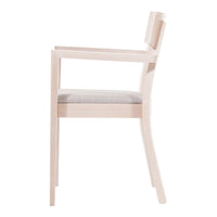 Light wood armchair with a soft gray upholstered seat and minimalist design. Elegant and modern look for any space.
