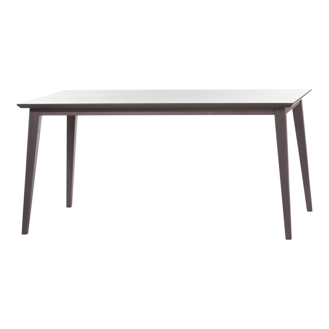 Neutral white tabletop with dark brown wooden legs, showcasing a minimalist, contemporary design.