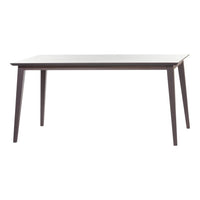 Neutral white tabletop with dark brown wooden legs, showcasing a minimalist, contemporary design.