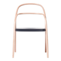 Minimalist wooden chair with a light natural finish and a sleek black seat. Simple, modern design.