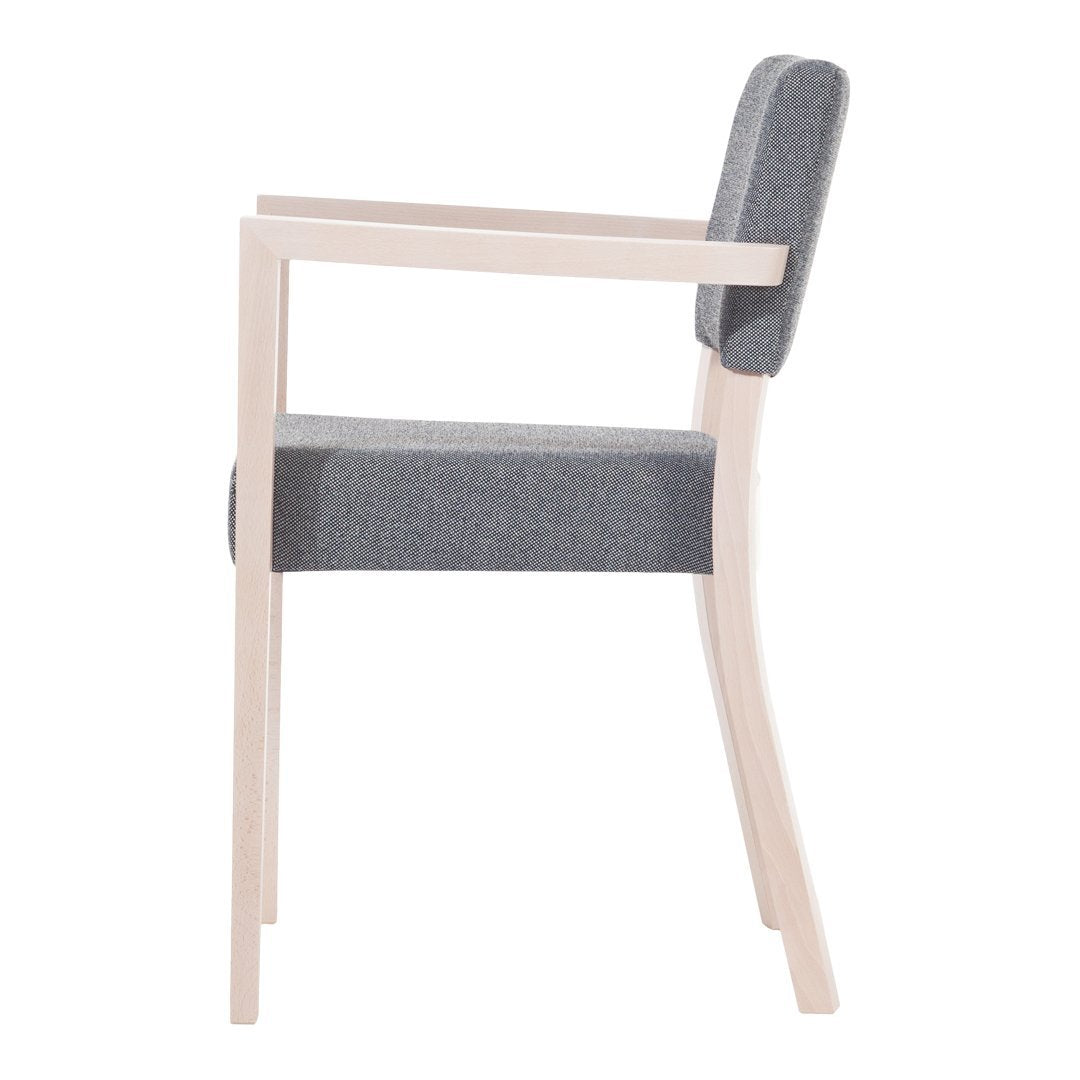 Gray upholstered chair with a light wood frame and clean, modern lines. Perfect for stylish interiors.