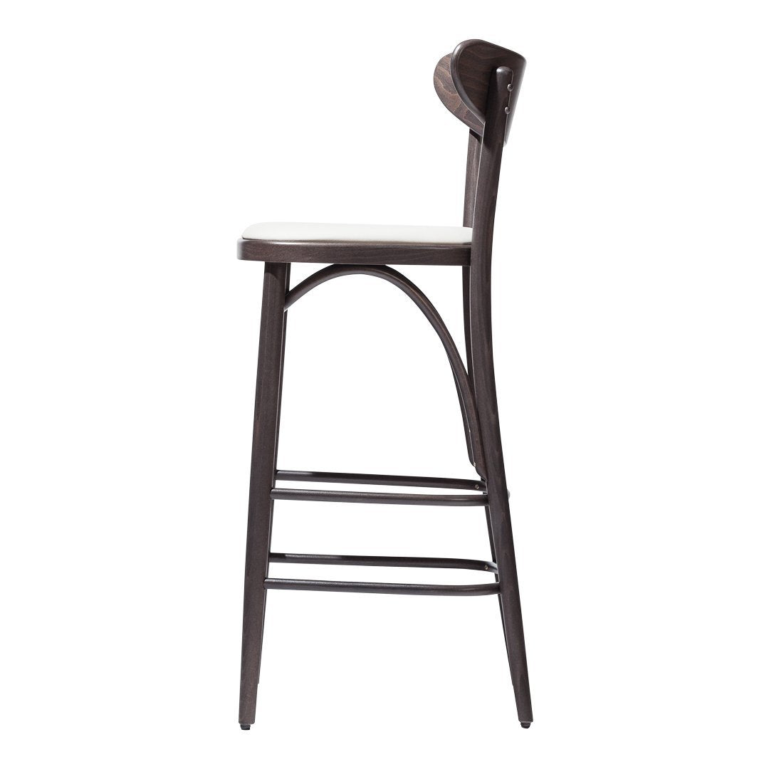 Tall wooden bar stool in dark brown finish with a simple, sleek design and a light-colored seat.