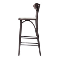 Tall wooden bar stool in dark brown finish with a simple, sleek design and a light-colored seat.