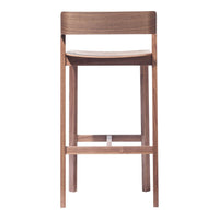 Wooden bar stool with a natural finish and sleek minimalist design, featuring a plain upholstered seat.