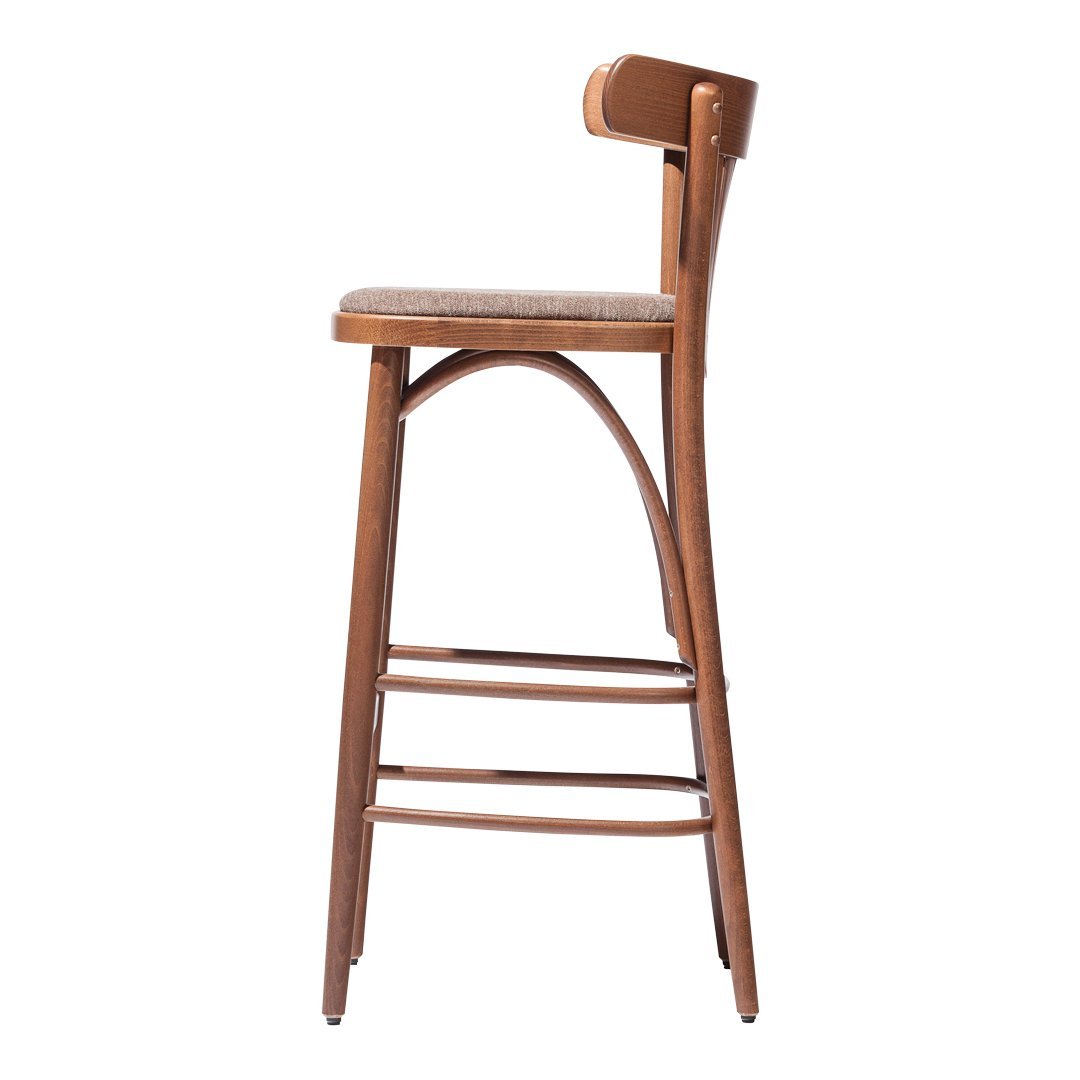 Wooden bar stool with a natural brown finish and subtle texture on the seat. Classic and minimalist design.
