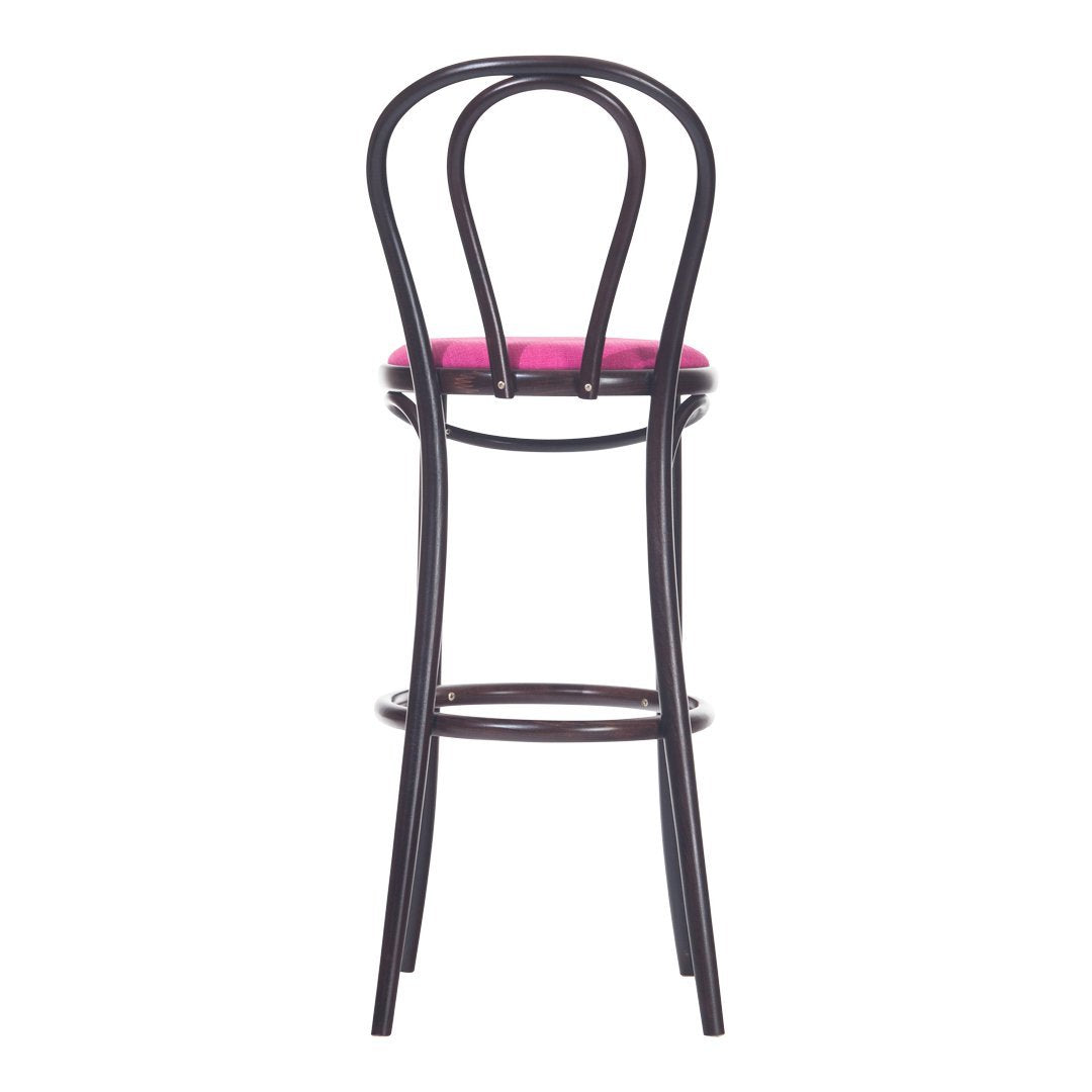 Black wooden bar stool with a pink cushioned seat and a classic curved back design, perfect for modern decor.