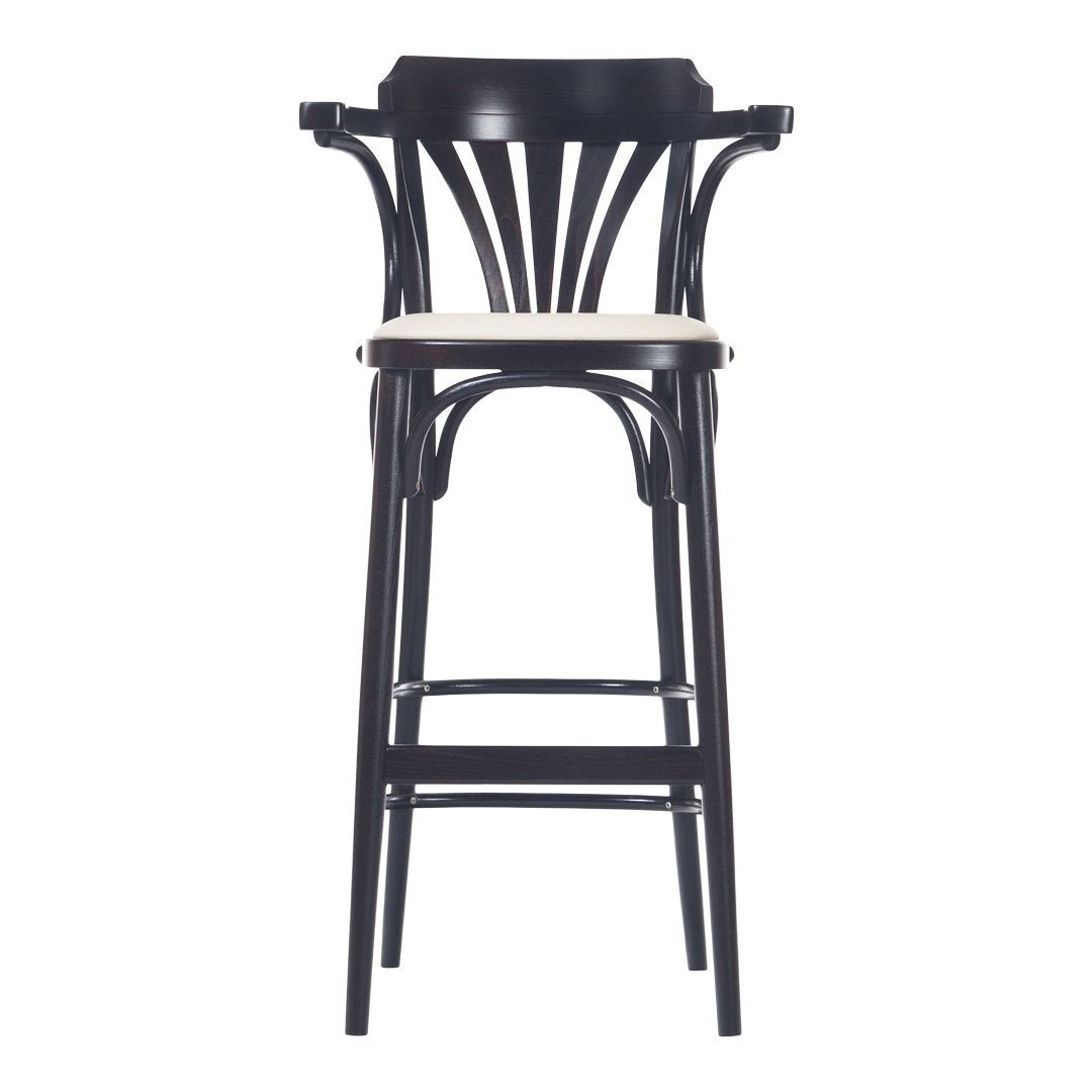 Black bar stool with a classic curved back design and a light-colored seat. Elegant and modern style for any space.