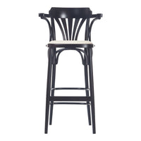 Black bar stool with a classic curved back design and a light-colored seat. Elegant and modern style for any space.