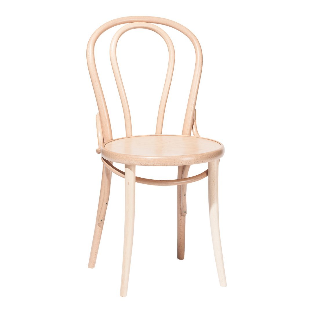Light natural wood bentwood chair with a smooth finish and minimalist design, featuring curved backrest and legs.