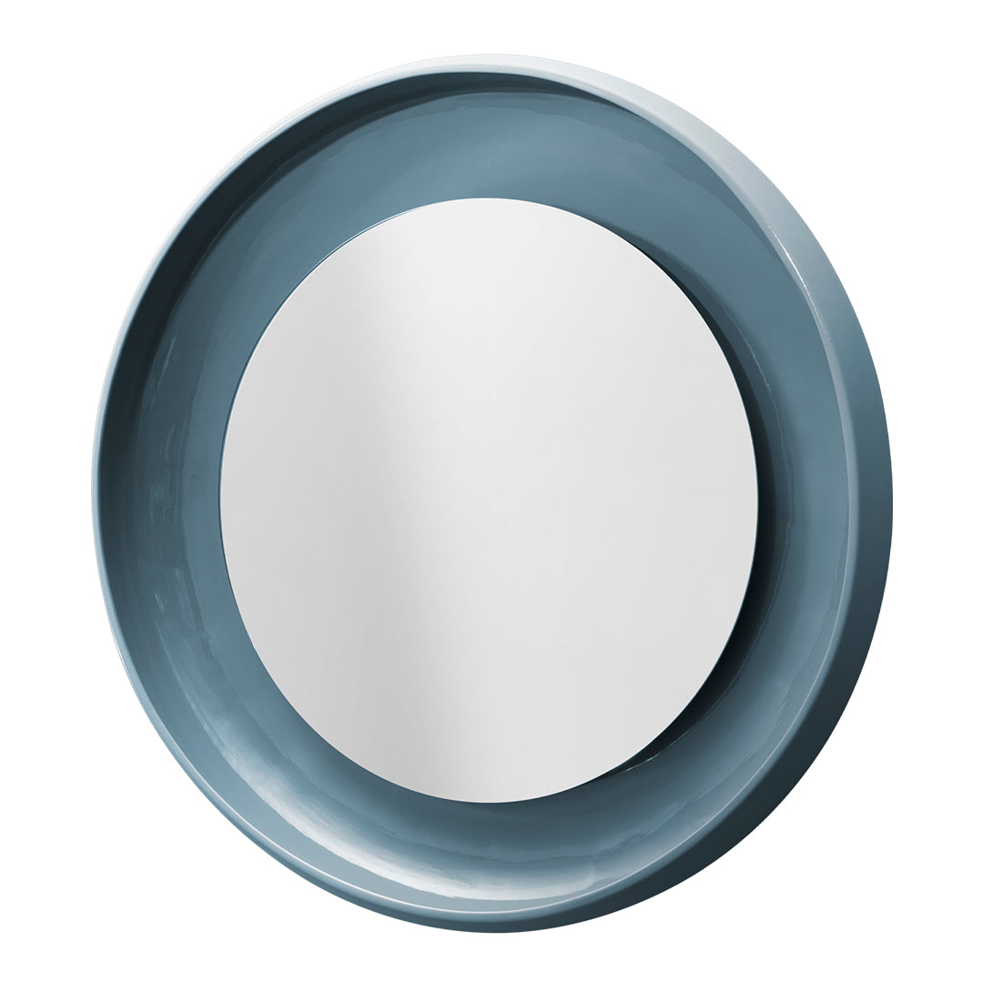 Round mirror with a glossy blue outer frame and silver reflective surface, adding a modern touch to home decor.