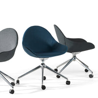 "Three modern chairs in dark gray, rich blue, and soft charcoal upholstery with chrome bases, showcasing sleek patterns."