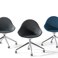 Set of three modern swivel chairs in dark gray and deep blue textured upholstery with chrome bases.
