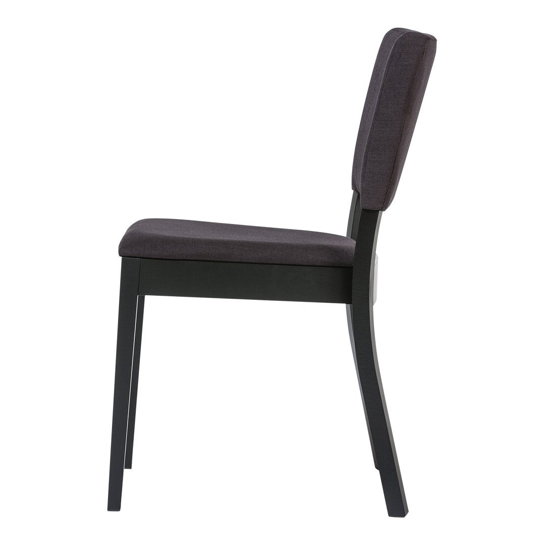 Side view of a sleek, dark gray upholstered chair with a minimalist black frame, featuring a smooth texture.