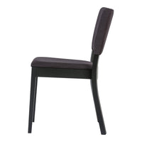 Side view of a sleek, dark gray upholstered chair with a minimalist black frame, featuring a smooth texture.