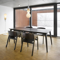 Modern black dining table with matching chairs, featuring a sleek design against a light wood floor and large windows.