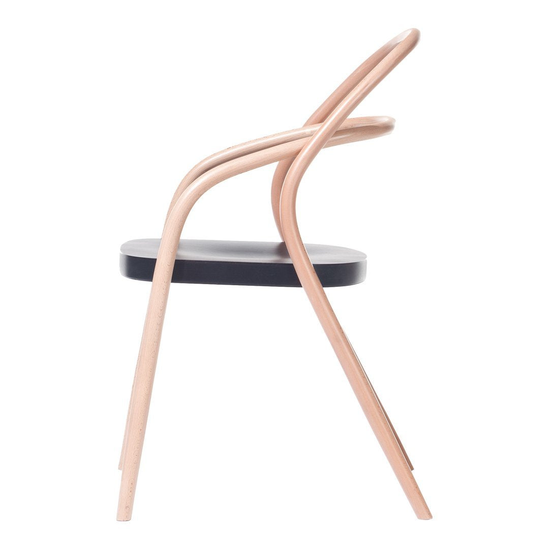 Light wood frame with a sleek black seat, featuring a minimalist design and curved silhouette.