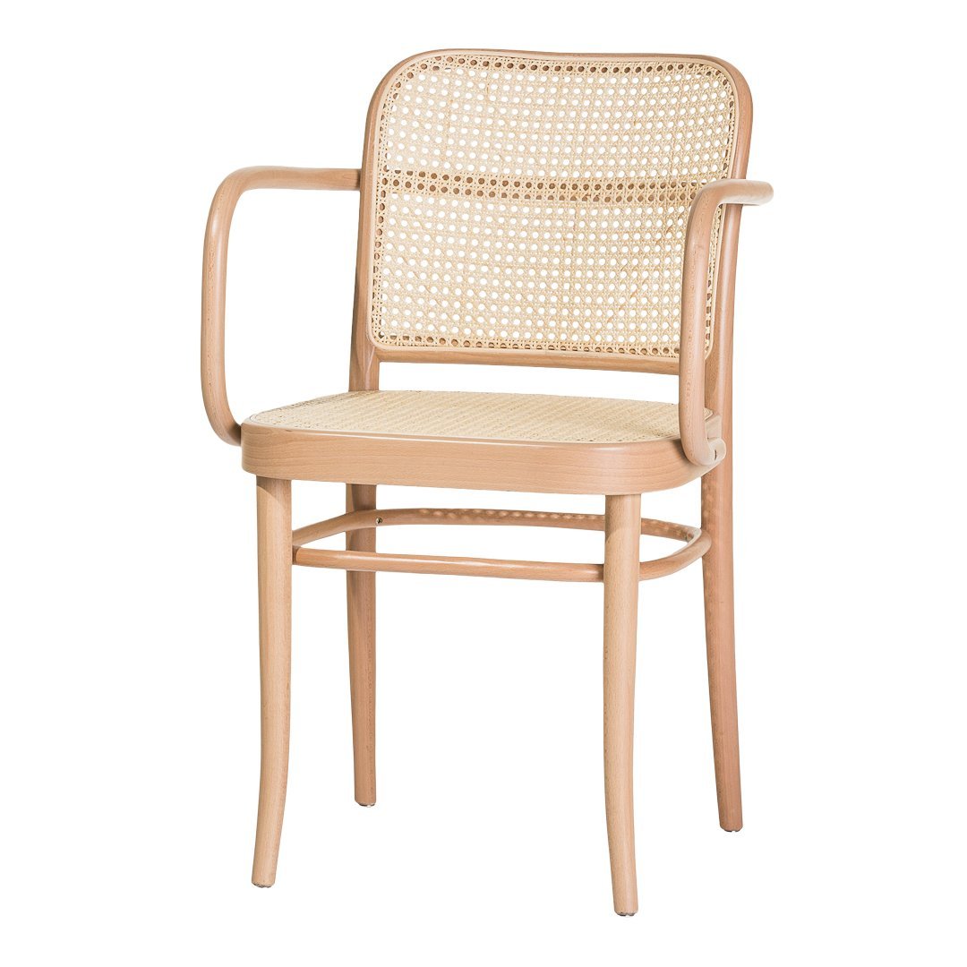 Light beige wooden chair with woven rattan backrest and seat, featuring a smooth, modern design.