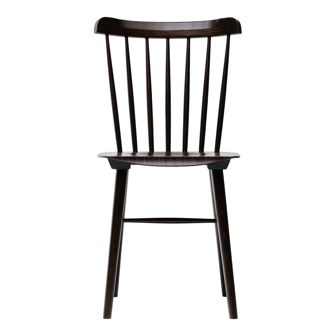 Dark brown wooden chair with a classic spindle back design and a smooth, understated finish.