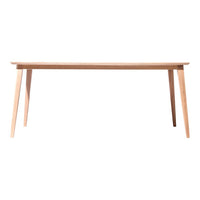 Natural wood table with a smooth finish and light oak color, featuring a minimalist design and tapered legs.