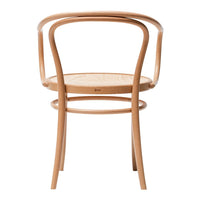 Natural wood chair with a smooth, curved design and woven cane seat, showcasing a classic, light-toned finish.