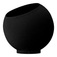 Black matte vase with a unique asymmetrical opening and smooth, rounded design. Perfect for modern decor.