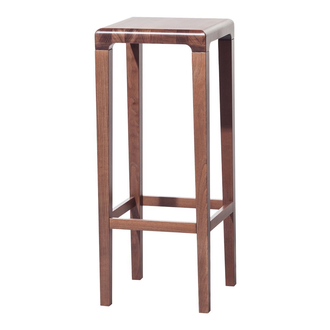 "Stylish wooden bar stool with a rich walnut finish and sleek, minimalist design."