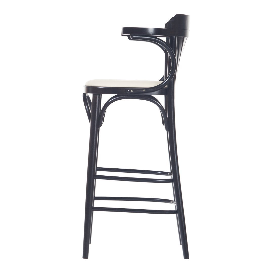 Elegant black barstool with a sleek design and natural wood seat, featuring classic curved lines and minimalist style.
