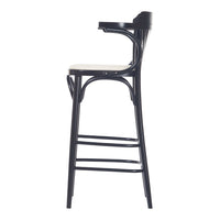 Elegant black barstool with a sleek design and natural wood seat, featuring classic curved lines and minimalist style.