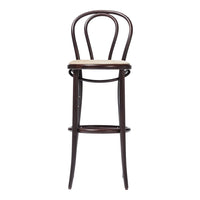 Brown bentwood bar stool with a natural wood seat, featuring a classic curved back design. Elegant and timeless.