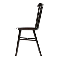 Black wooden chair with a simple, classic design and vertical slat backrest. Clean lines and minimalist style.