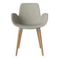 Light gray fabric chair with natural wood legs, featuring a smooth, minimalist design. Ideal for modern decor.