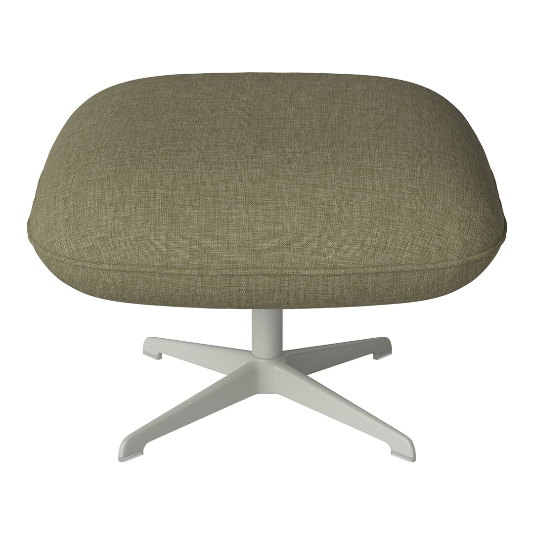 Olive green textured fabric ottoman with a sleek white base, perfect for modern interiors.