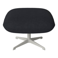 Dark gray upholstered ottoman with a textured pattern and a modern white base. Stylish and versatile seating option.