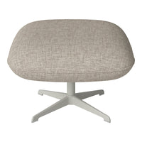 Light gray textured upholstery on a modern, white metal base ottoman. Ideal for contemporary decor.