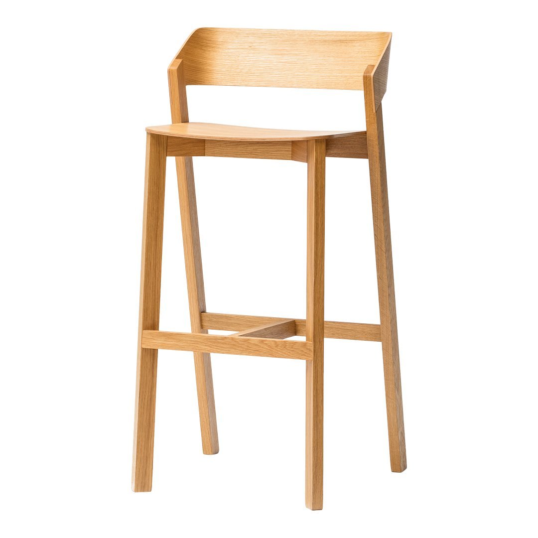 Natural wooden bar stool with a minimalist design, featuring a light oak finish and smooth, clean lines.