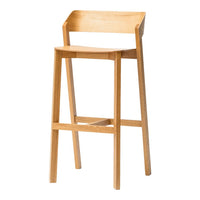 Natural wooden bar stool with a minimalist design, featuring a light oak finish and smooth, clean lines.