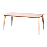 Light wood rectangular table with a smooth finish and tapered legs, showcasing natural grain patterns.