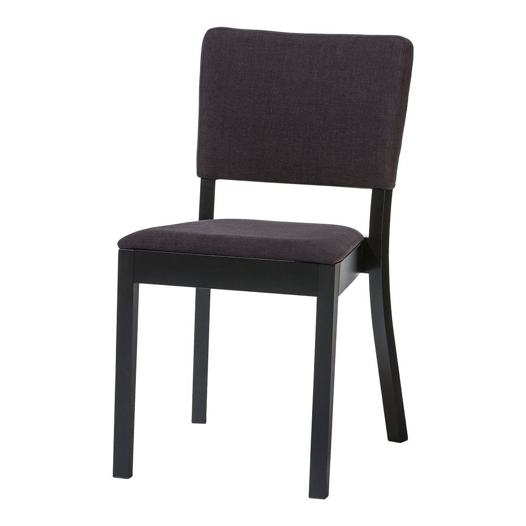 Dark gray upholstered chair with a sleek black wooden frame, featuring a minimalist design. Ideal for modern interiors.