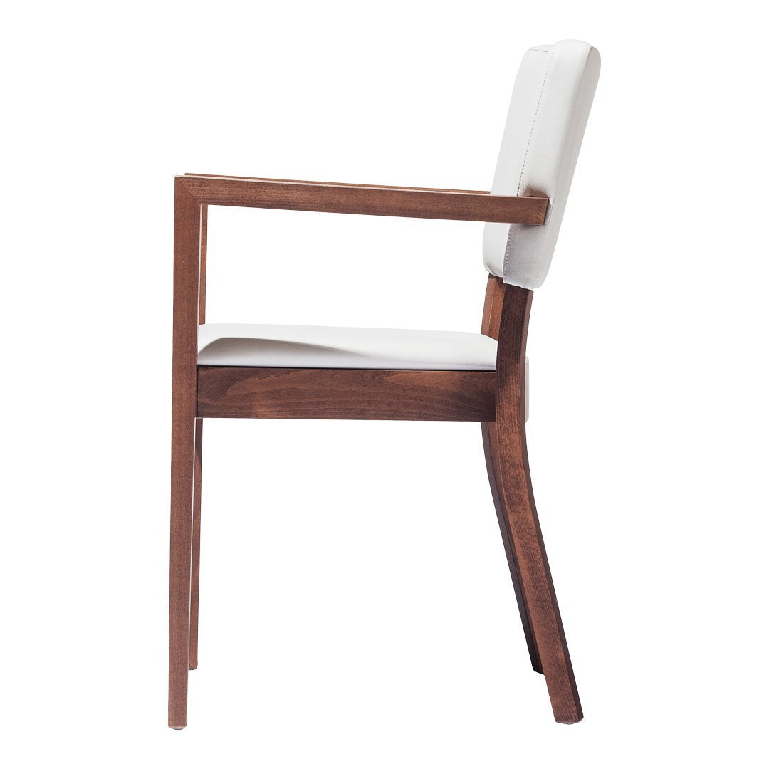 White upholstered chair with a sleek walnut frame, featuring a minimalist design and clean lines. Perfect for modern decor.
