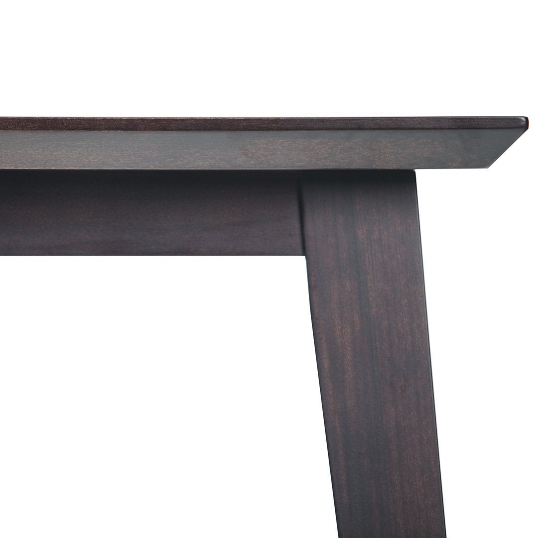 Brown wooden table with a smooth finish and sleek, modern design, featuring clean lines and a minimalist look.