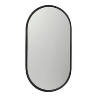 "Oval mirror with a sleek black frame and reflective silver surface, perfect for modern decor."