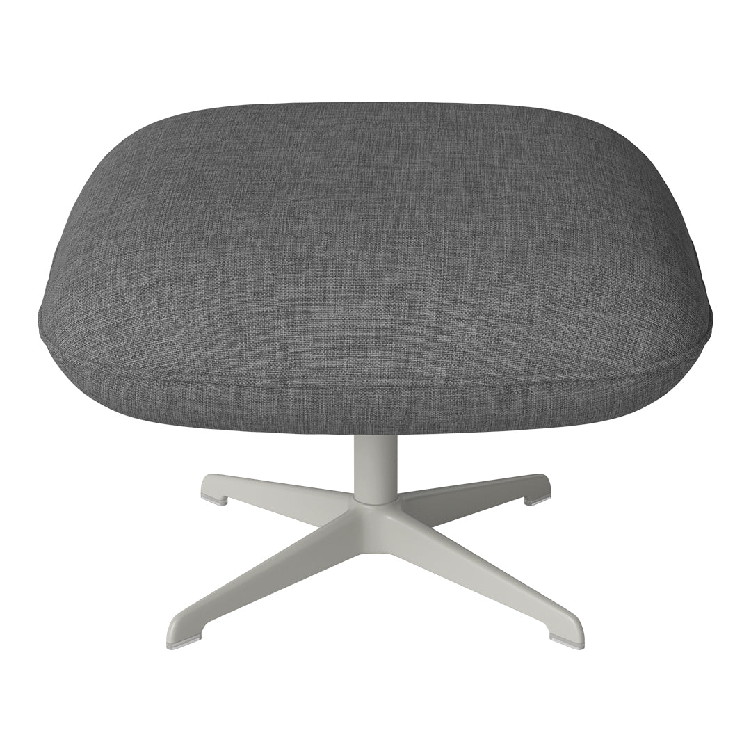 Gray textured fabric ottoman with a sleek white base. Modern, minimalist design enhances any decor.
