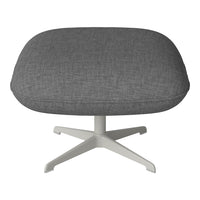 Gray textured fabric ottoman with a sleek white base. Modern, minimalist design enhances any decor.