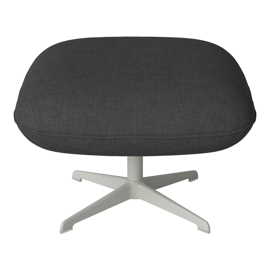 Gray upholstered ottoman with a smooth texture and a sleek white base, perfect for modern decor.