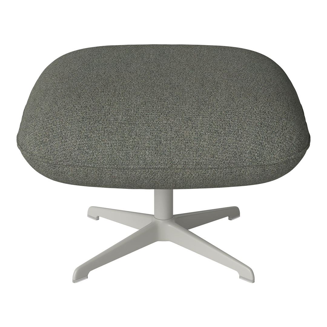 Gray upholstered ottoman with a textured finish and a light-colored, sturdy base.